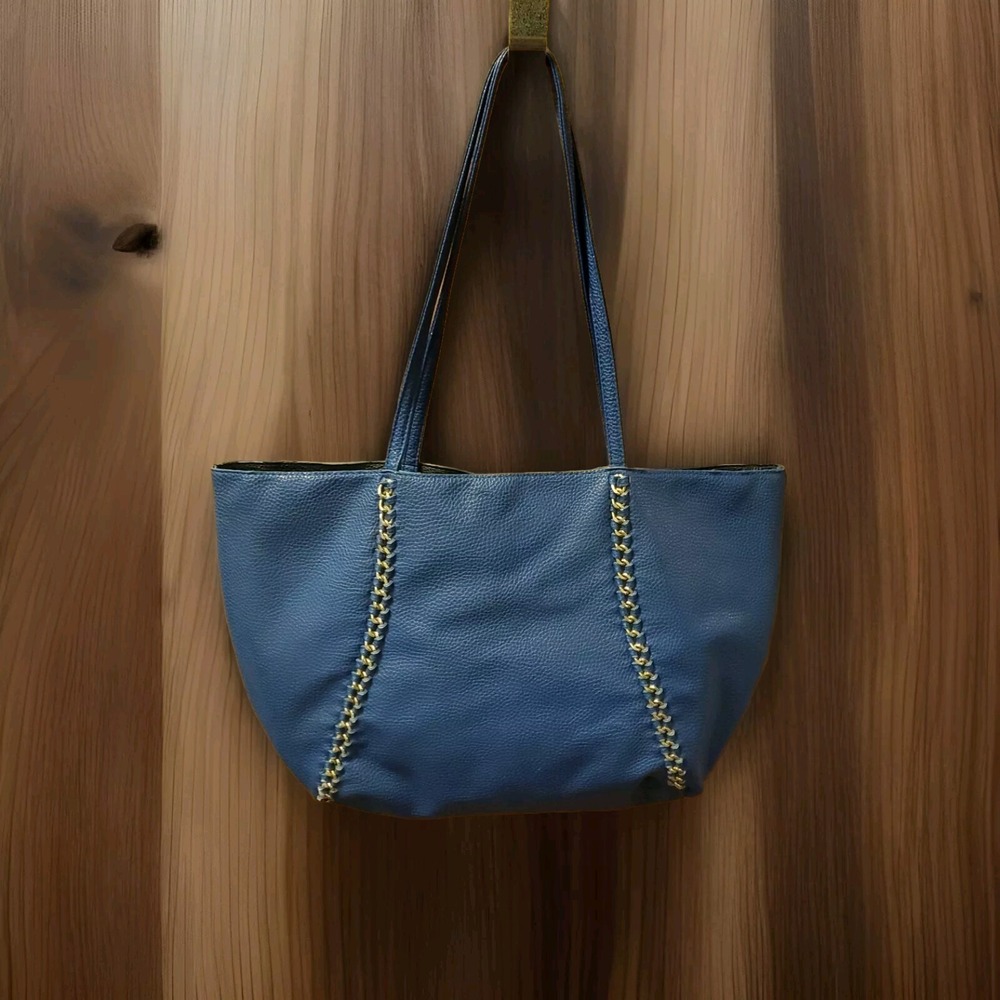 BCBG Blue Pebbled Leather Tote Bag Gold Chain Whipstitch Shoulder Bag Purse